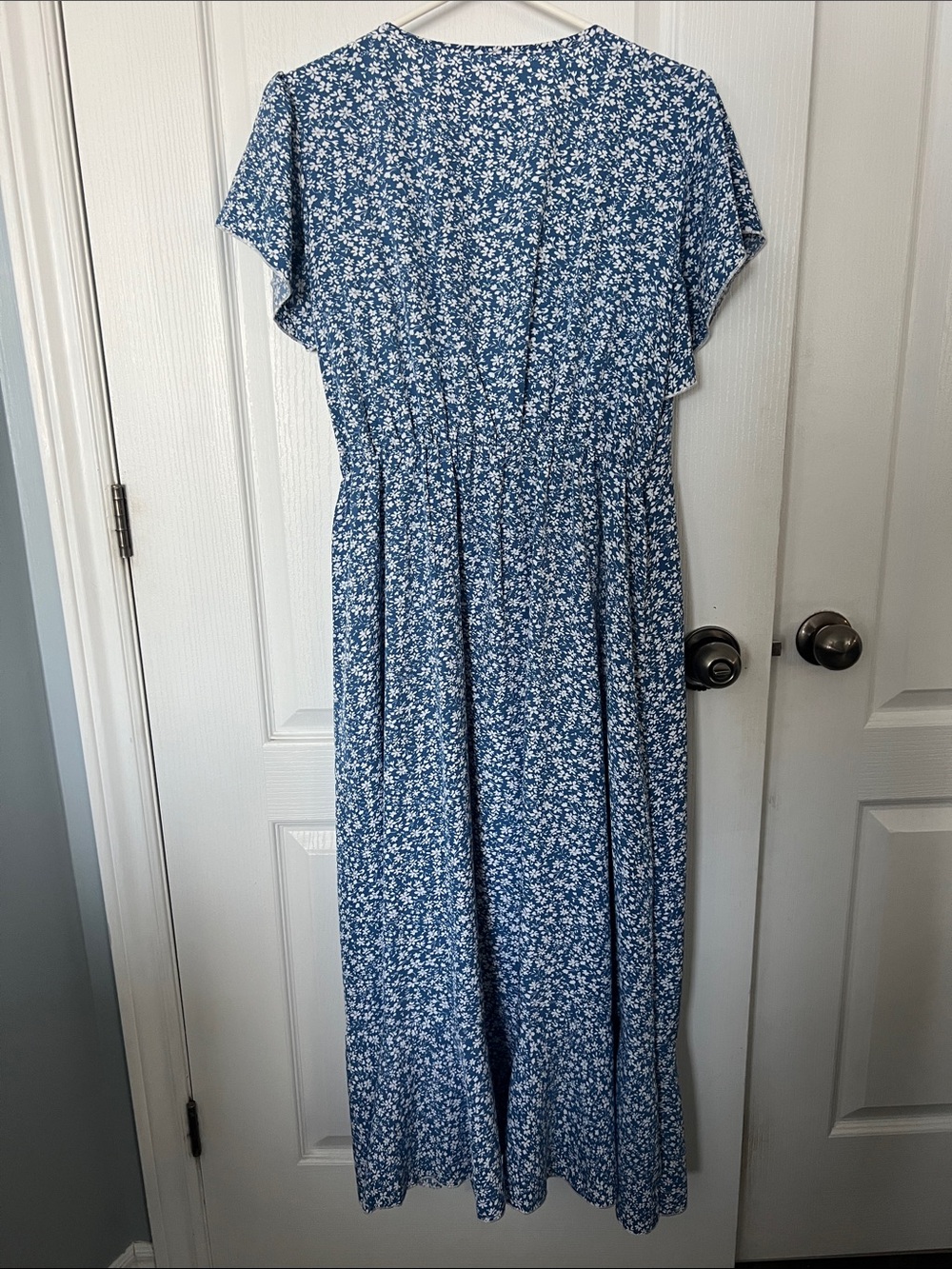 Blue Floral Wrap Midi Dress with High-Low Hem - Picture 2 of 3